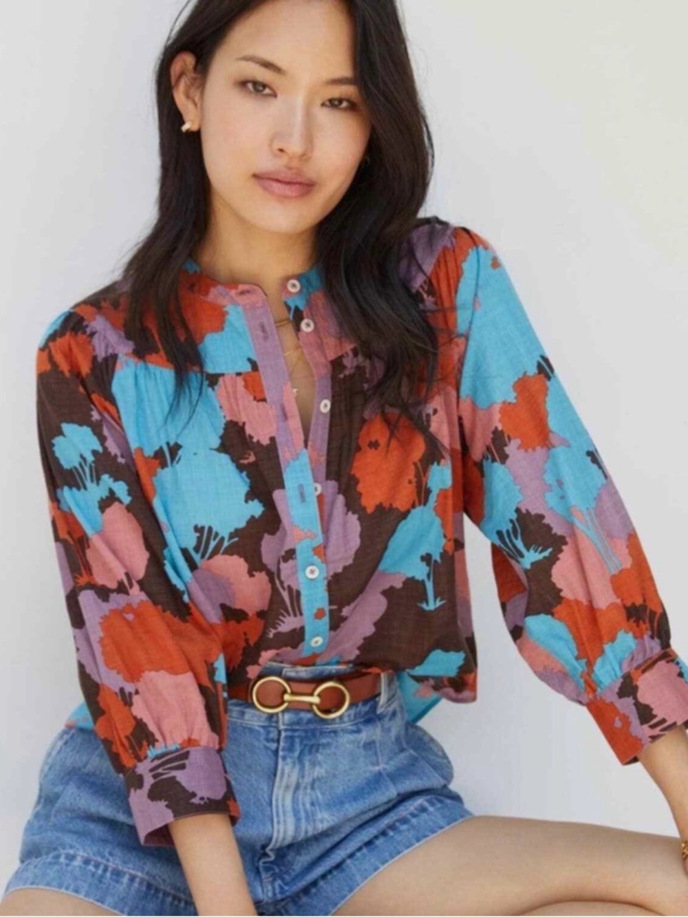 Anthropologie - Colorful Floral Button-Up Blouse in Teal, Orange & Purple